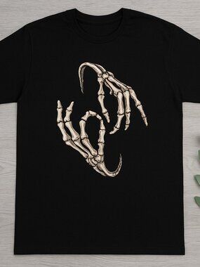 Black Nu Metal Skeletal Hands Graphic Tee Bold Rock Band Style Shirt